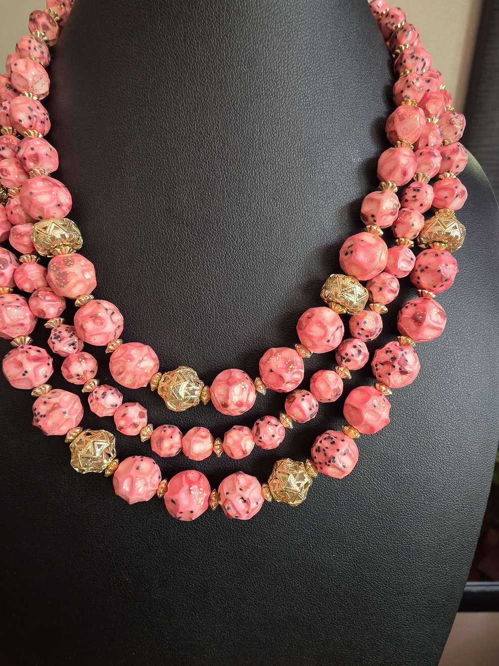 Pink Multi-Strand Beaded Statement Necklace with Gold Accents,